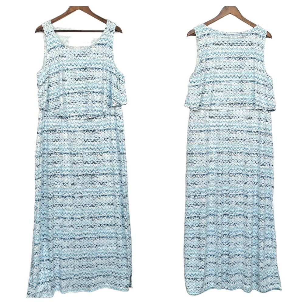 Esmara Blouson Maxi Dress with Overlay Women Size XL Ikat Print Sleeveless‎ Blue